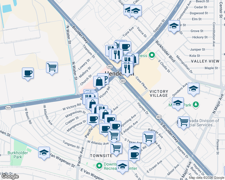 map of restaurants, bars, coffee shops, grocery stores, and more near 15 California Way in Henderson