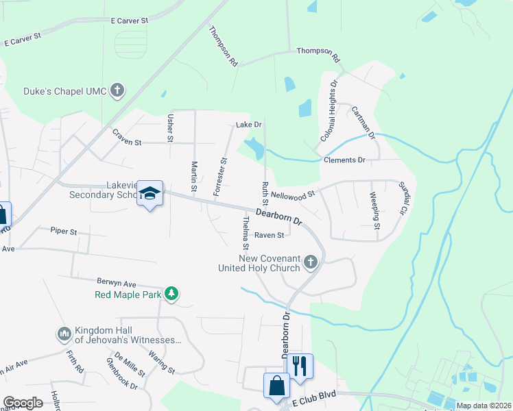 map of restaurants, bars, coffee shops, grocery stores, and more near 3114 Dearborn Drive in Durham