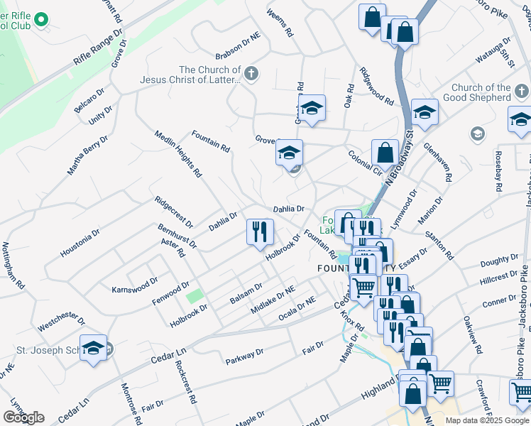 map of restaurants, bars, coffee shops, grocery stores, and more near 5610 Radnor Road Northeast in Knoxville