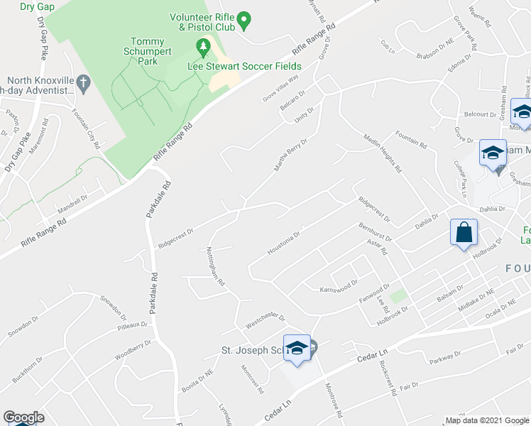 map of restaurants, bars, coffee shops, grocery stores, and more near 1900 Ridgecrest Drive in Knoxville