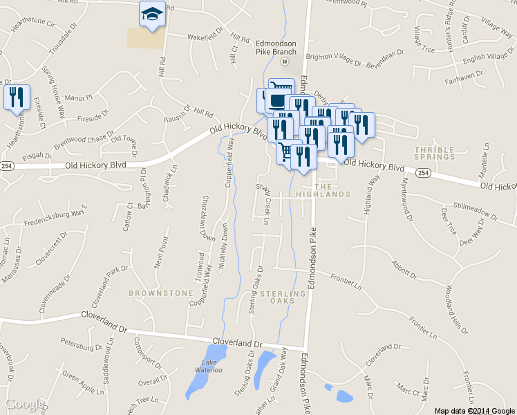 map of restaurants, bars, coffee shops, grocery stores, and more near 322 Shady Creek Lane in Nashville