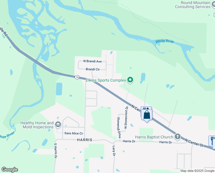 map of restaurants, bars, coffee shops, grocery stores, and more near 2570 North Center Street in Fayetteville