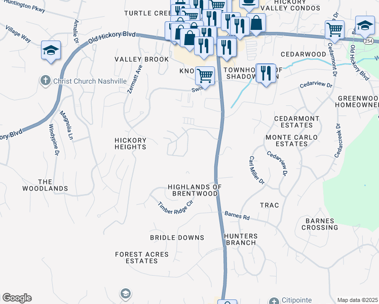 map of restaurants, bars, coffee shops, grocery stores, and more near 153 Shadow Glen Drive in Nashville