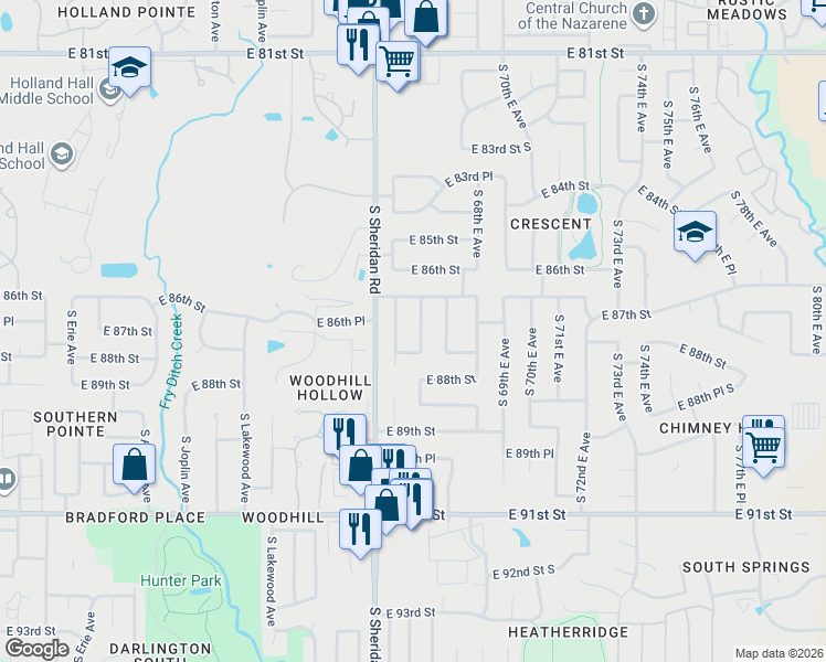 map of restaurants, bars, coffee shops, grocery stores, and more near 8628 South 66th East Avenue in Tulsa