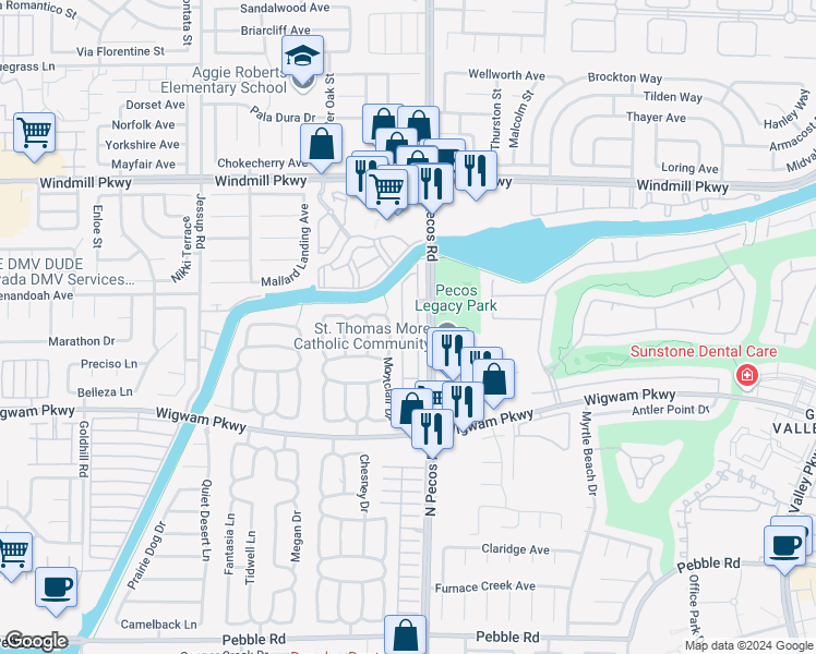 map of restaurants, bars, coffee shops, grocery stores, and more near 146 Painted Valley Street in Henderson