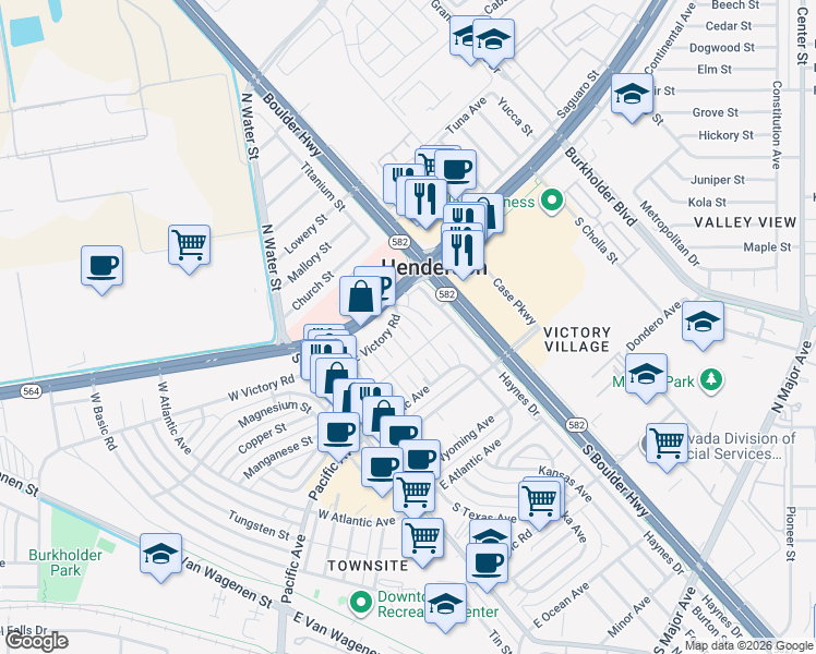 map of restaurants, bars, coffee shops, grocery stores, and more near 15 California Way in Henderson
