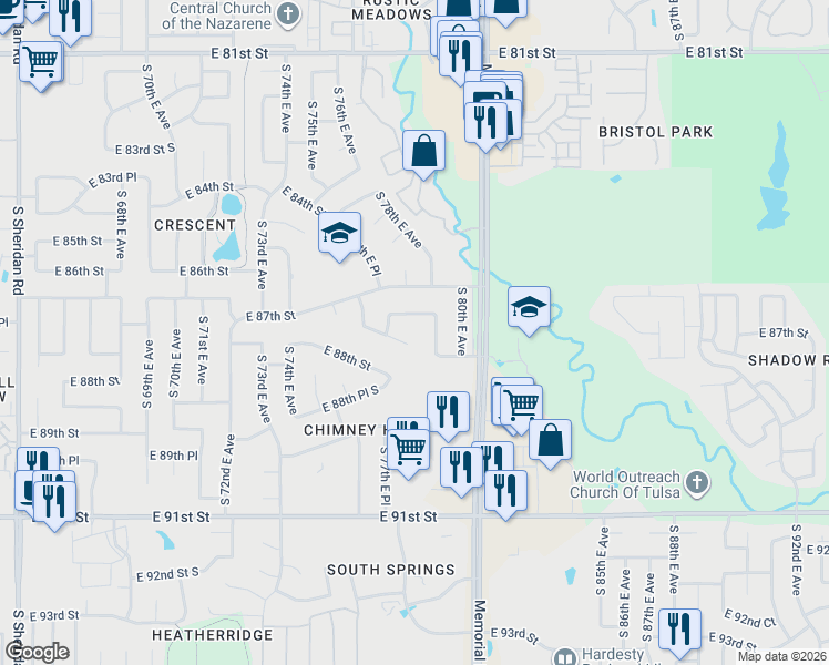 map of restaurants, bars, coffee shops, grocery stores, and more near 7743 East 87th Court in Tulsa