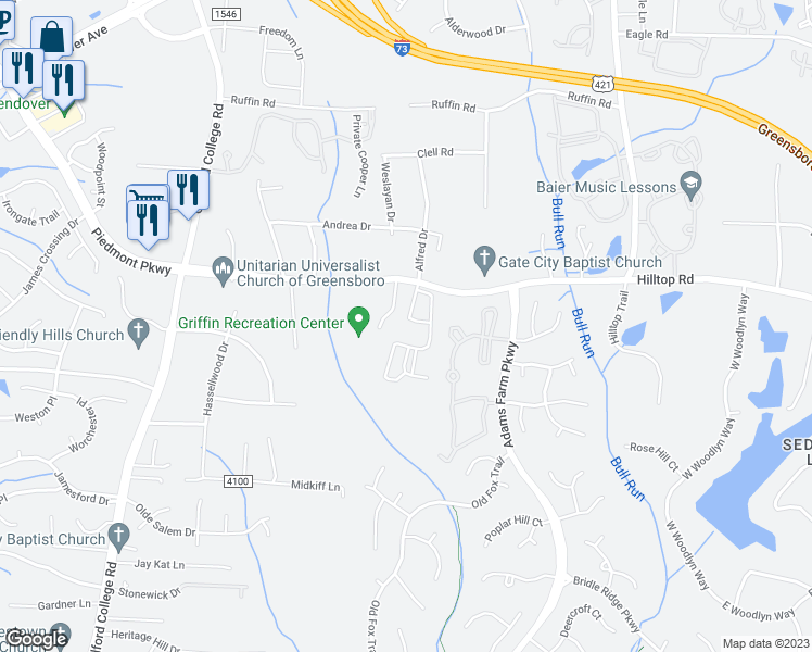 map of restaurants, bars, coffee shops, grocery stores, and more near 5275 Hilltop Road in Greensboro