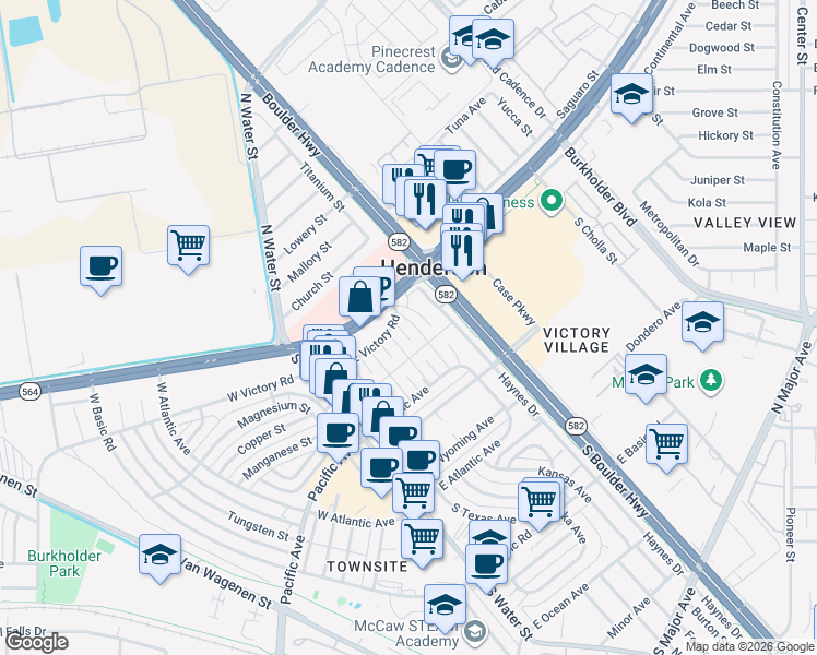 map of restaurants, bars, coffee shops, grocery stores, and more near 2 California Way in Henderson
