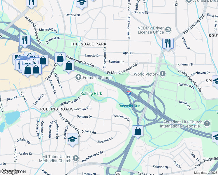 map of restaurants, bars, coffee shops, grocery stores, and more near 2100 Cheltenham Boulevard in Greensboro