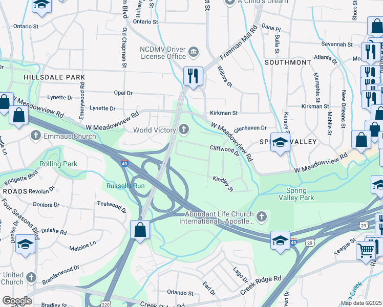 map of restaurants, bars, coffee shops, grocery stores, and more near 1410 Corregidor Street in Greensboro