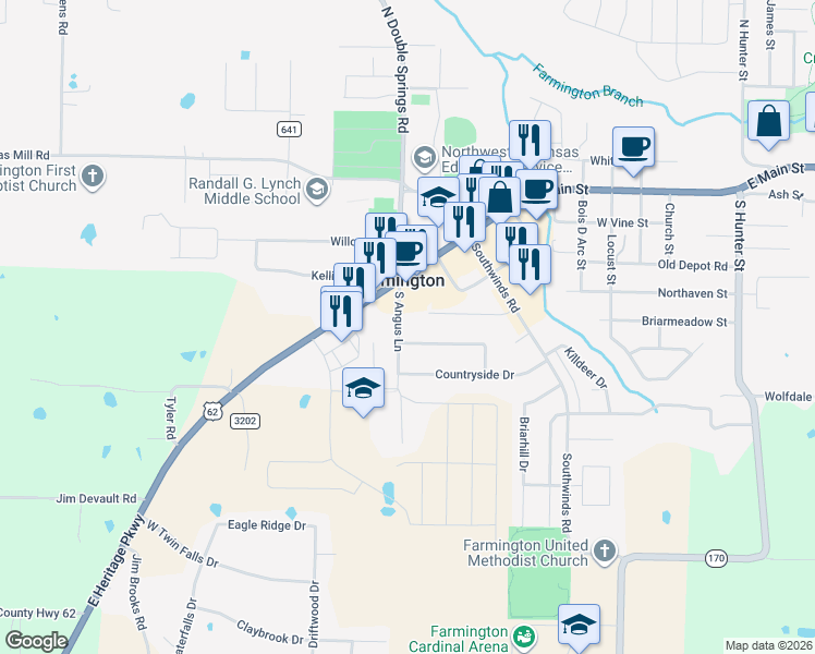 map of restaurants, bars, coffee shops, grocery stores, and more near 154 South Angus Lane in Farmington