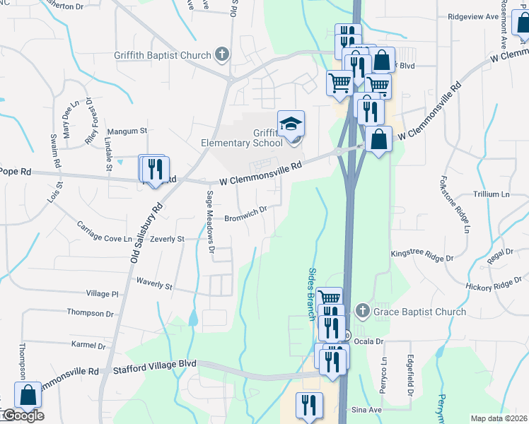 map of restaurants, bars, coffee shops, grocery stores, and more near 3317 Stavanger Court in Winston-Salem