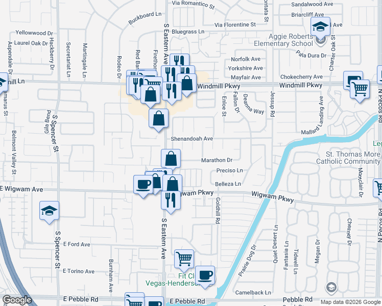 map of restaurants, bars, coffee shops, grocery stores, and more near 141 Alpine Court in Henderson