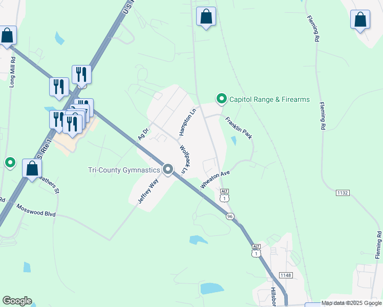 map of restaurants, bars, coffee shops, grocery stores, and more near 140 Wolfpack Lane in Youngsville