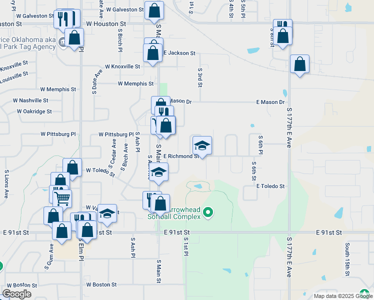 map of restaurants, bars, coffee shops, grocery stores, and more near 1632 South 2nd Street in Broken Arrow
