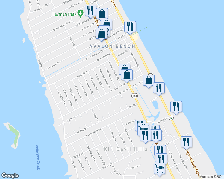 map of restaurants, bars, coffee shops, grocery stores, and more near 306 West Durham Street in Kill Devil Hills