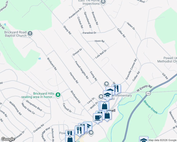 map of restaurants, bars, coffee shops, grocery stores, and more near 7925 Ewing Road in Powell