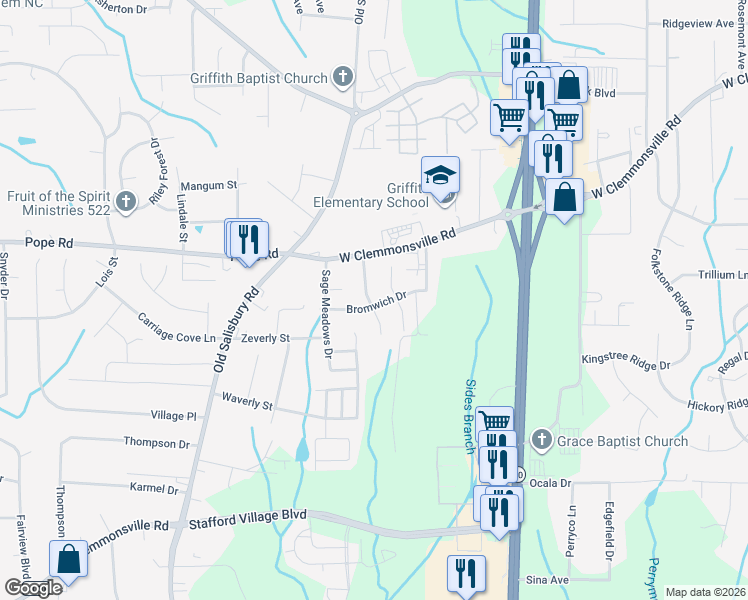 map of restaurants, bars, coffee shops, grocery stores, and more near 1463 Bromwich Drive in Winston-Salem