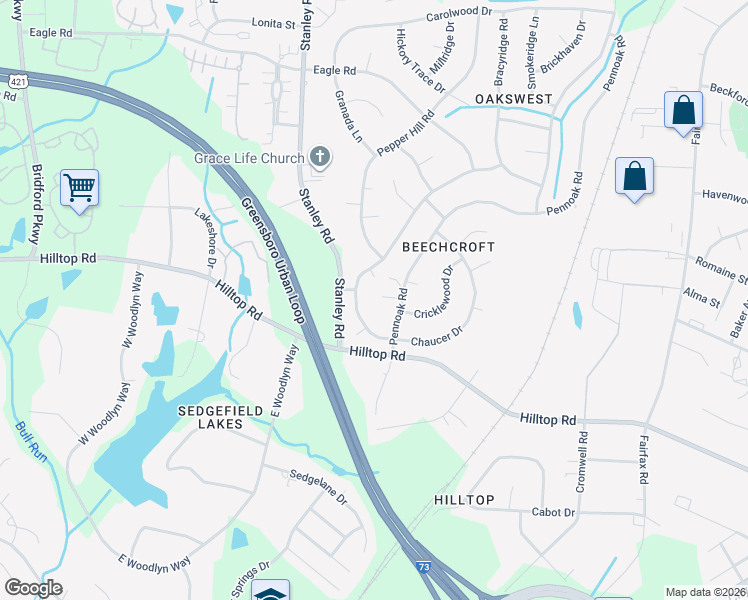 map of restaurants, bars, coffee shops, grocery stores, and more near 3 Coachman Court in Greensboro