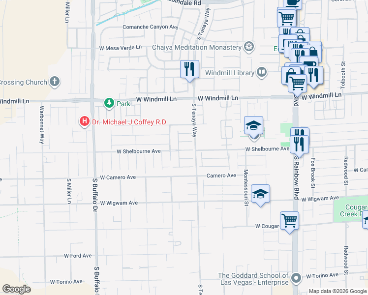 map of restaurants, bars, coffee shops, grocery stores, and more near 7398 West Shelbourne Avenue in Las Vegas