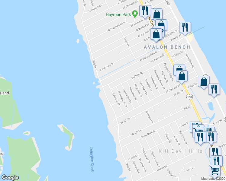 map of restaurants, bars, coffee shops, grocery stores, and more near 2041 Edenton Street in Kill Devil Hills