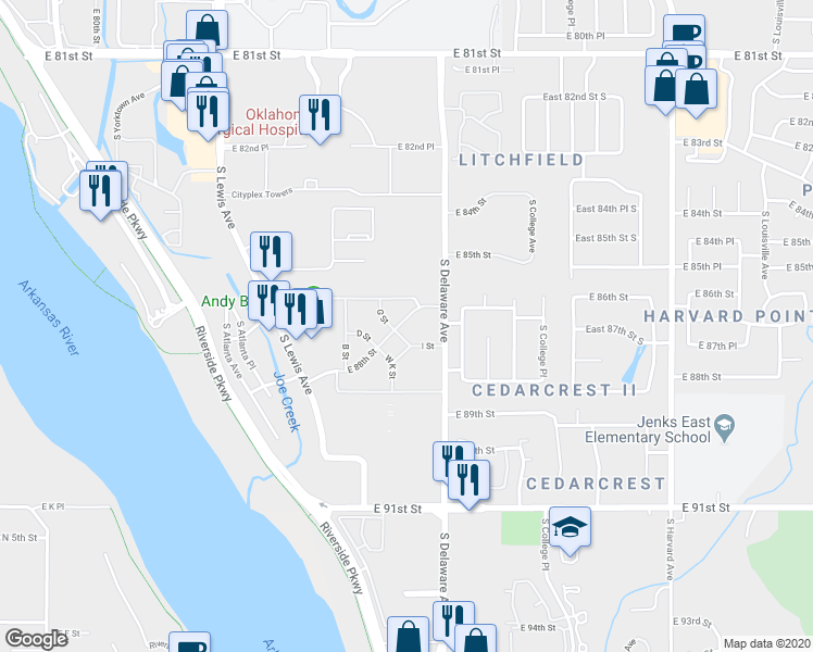 map of restaurants, bars, coffee shops, grocery stores, and more near 2702 East 88th Street in Tulsa