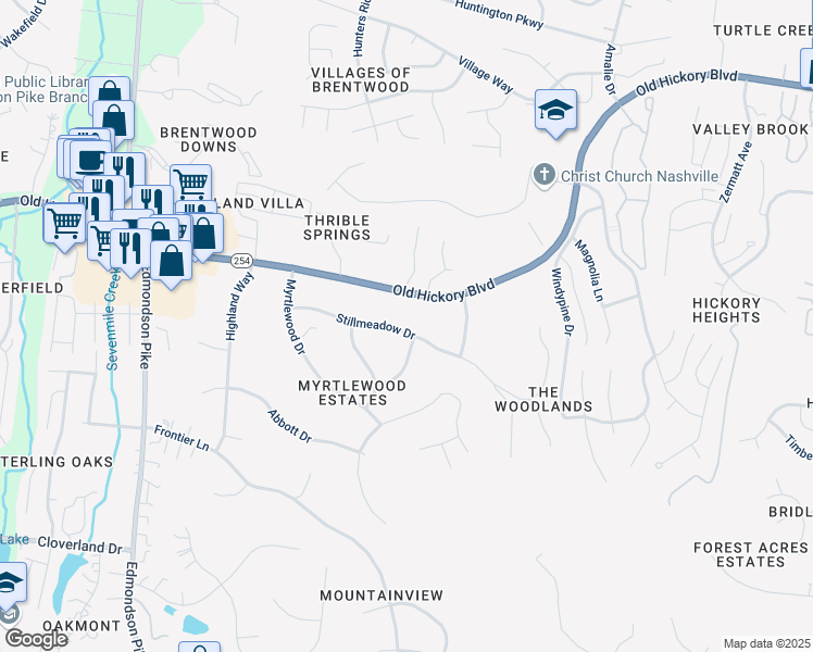 map of restaurants, bars, coffee shops, grocery stores, and more near 6120 Stillmeadow Drive in Nashville