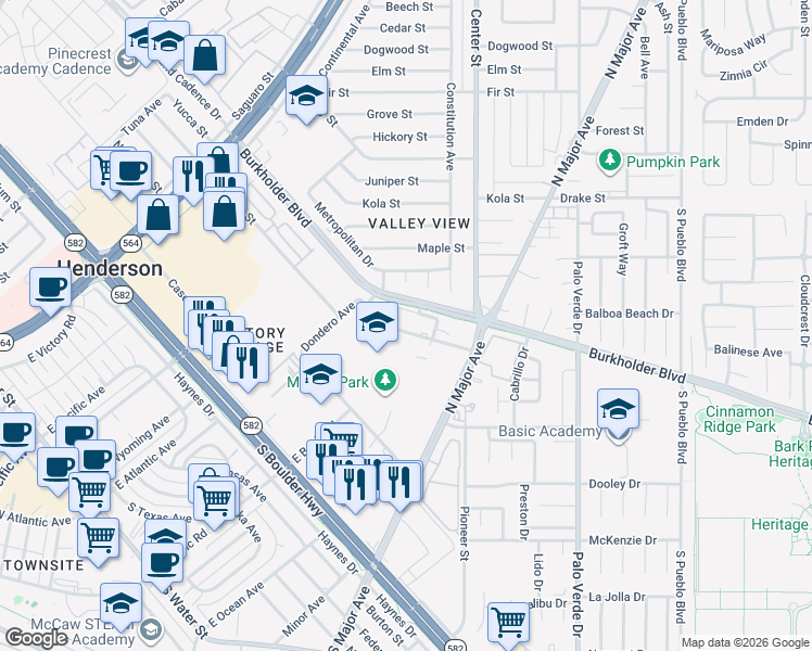 map of restaurants, bars, coffee shops, grocery stores, and more near 155 Westminster Way in Henderson