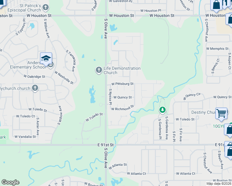 map of restaurants, bars, coffee shops, grocery stores, and more near 3504 West Quincy Street in Broken Arrow