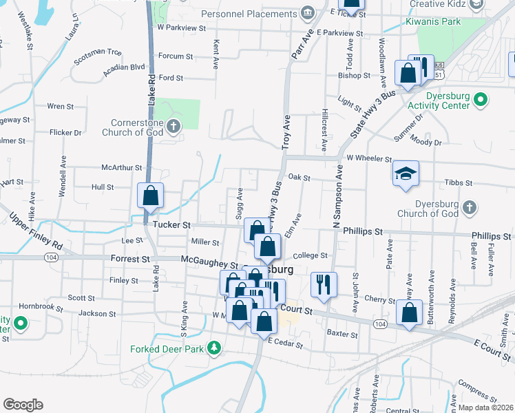 map of restaurants, bars, coffee shops, grocery stores, and more near 533 Troy Avenue in Dyersburg