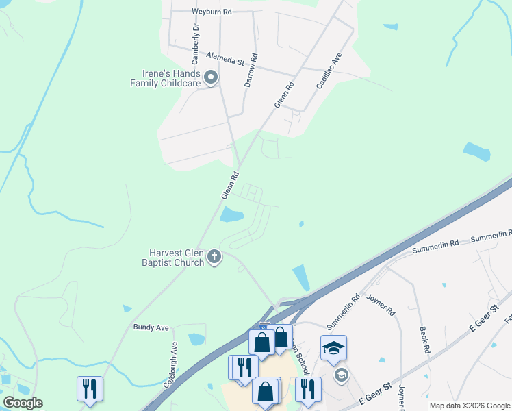 map of restaurants, bars, coffee shops, grocery stores, and more near 3516 Glenn Road in Durham