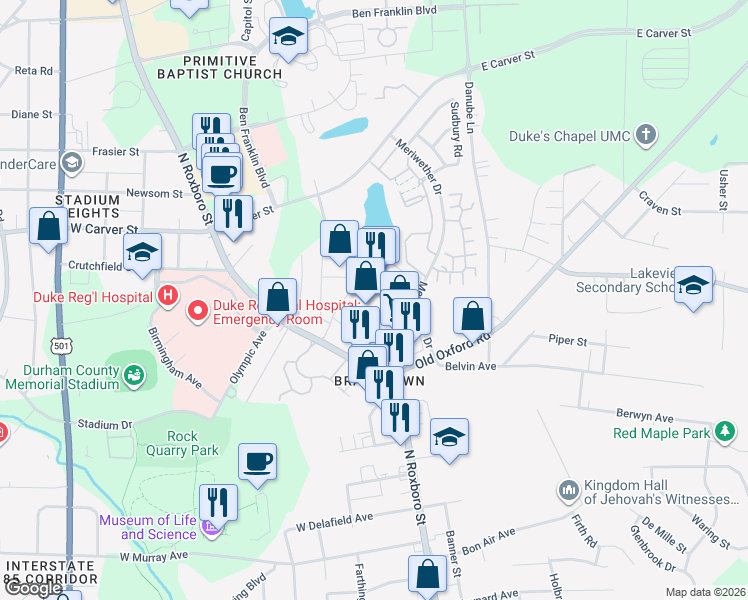 map of restaurants, bars, coffee shops, grocery stores, and more near 3500 North Roxboro Street in Durham