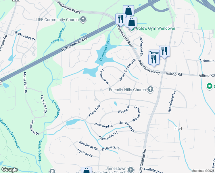 map of restaurants, bars, coffee shops, grocery stores, and more near 3101 Peninsula Drive in Jamestown