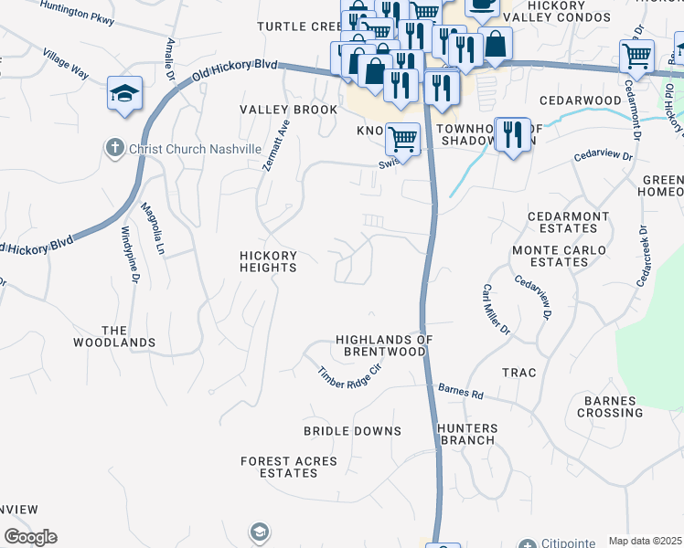 map of restaurants, bars, coffee shops, grocery stores, and more near 318 Shadow Glen Drive in Nashville