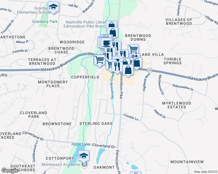 map of restaurants, bars, coffee shops, grocery stores, and more near 221 Brushy Creek Lane in Nashville