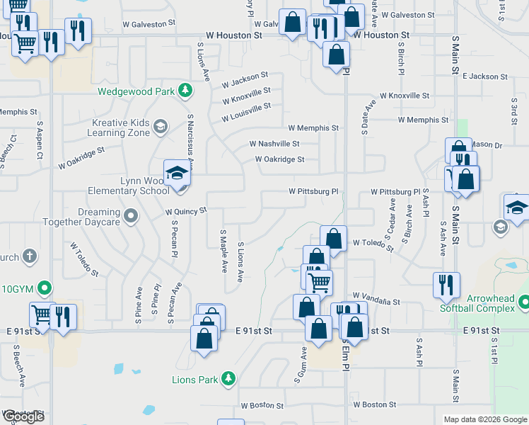map of restaurants, bars, coffee shops, grocery stores, and more near 1012 West San Antonio Street in Broken Arrow