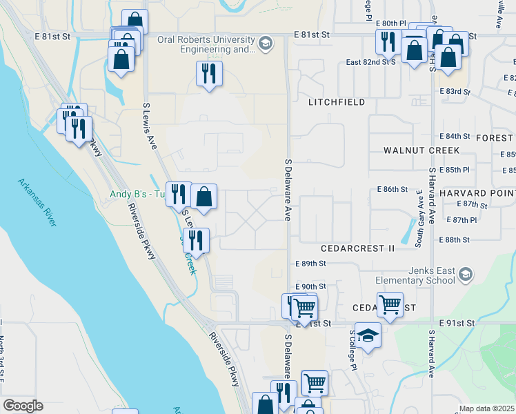map of restaurants, bars, coffee shops, grocery stores, and more near 2702 East 88th Street in Tulsa