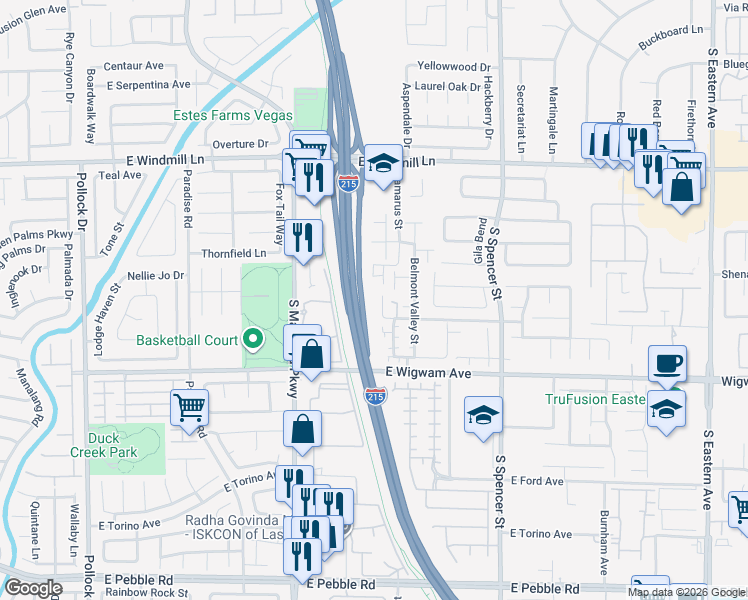 map of restaurants, bars, coffee shops, grocery stores, and more near 8367 South Charlton Valley Court in Las Vegas