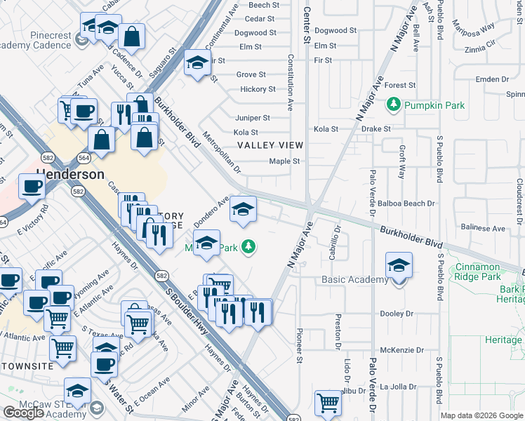 map of restaurants, bars, coffee shops, grocery stores, and more near 155 Westminster Way in Henderson