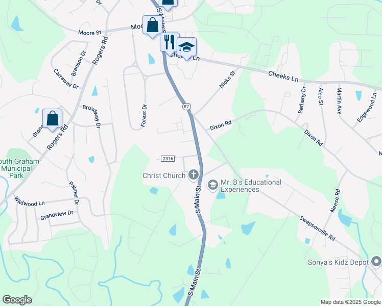 map of restaurants, bars, coffee shops, grocery stores, and more near 111 Thompson Road in Graham
