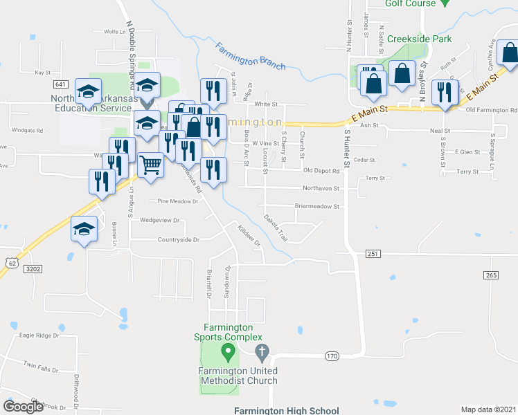 map of restaurants, bars, coffee shops, grocery stores, and more near 129 Briarmeadow Street in Farmington