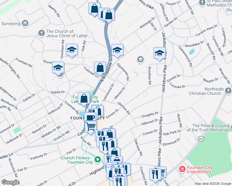 map of restaurants, bars, coffee shops, grocery stores, and more near 3115 Marion Drive in Knoxville