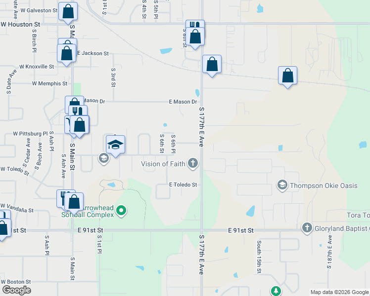 map of restaurants, bars, coffee shops, grocery stores, and more near 909 East Quincy Street in Broken Arrow