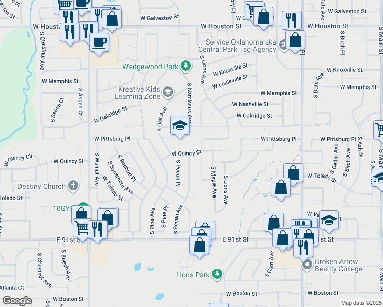 map of restaurants, bars, coffee shops, grocery stores, and more near 1600 West Quincy Street in Broken Arrow