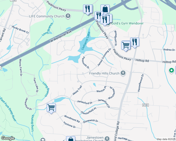 map of restaurants, bars, coffee shops, grocery stores, and more near 3101 Peninsula Drive in Jamestown