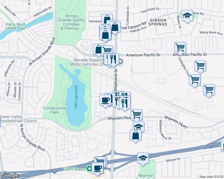 map of restaurants, bars, coffee shops, grocery stores, and more near 1400 Overseer Avenue in Henderson