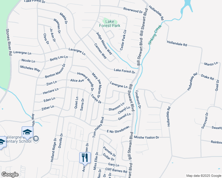 map of restaurants, bars, coffee shops, grocery stores, and more near 1126 Phelissa Drive in La Vergne