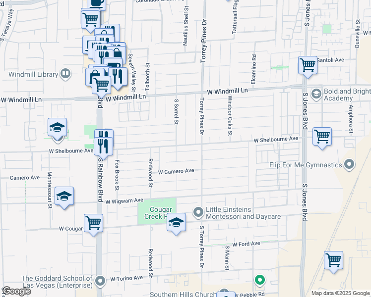 map of restaurants, bars, coffee shops, grocery stores, and more near 6564 West Baroque Avenue in Las Vegas