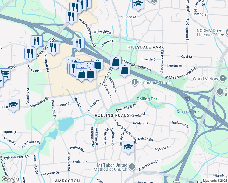 map of restaurants, bars, coffee shops, grocery stores, and more near 2310 Michelle Lane in Greensboro